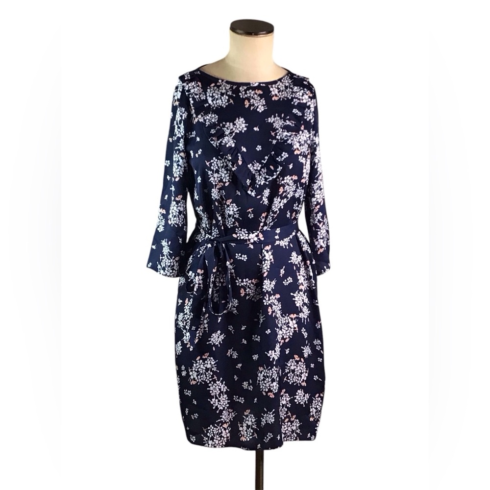 Emme Blue White Floral Belted Dress, Sz 4, EUC